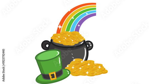 A vibrant rainbow leads to a pot overflowing with gold coins beside a green hat on a white background illustration