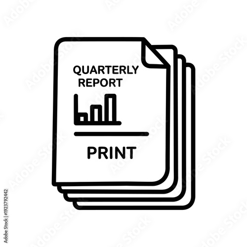 A stack of quarterly report documents with a bar graph icon on the top page, simple black and white design.
