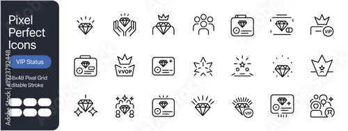 Pixel perfect VIP status icons collection, showcasing diamonds, crowns, VIP cards, and groups, signifying elite membership and exclusive privileges, editable stroke vector art.
