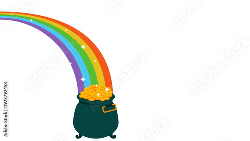 A vibrant rainbow arches over a pot of gold, symbolizing luck and fortune in a whimsical illustration.