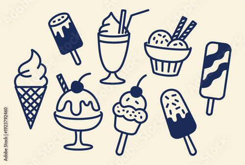 Collection of hand-drawn ice cream and frozen dessert icons in dark blue outline on a light beige background, vector illustration.
