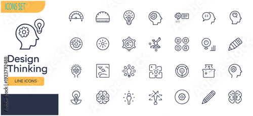 Design thinking process icons including brain, lightbulb, gears, pencil, and protractor, representing creativity and problem-solving.