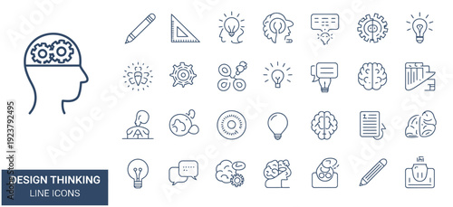 Collection of line icons representing design thinking, creativity, and innovation, featuring elements like brains, gears, and lightbulbs.