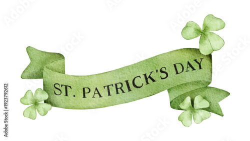 St. Patrick's Day celebration banner with shamrocks and ribbon, festive Irish holiday decoration, green illustration, cultural symbol, joyful atmosphere