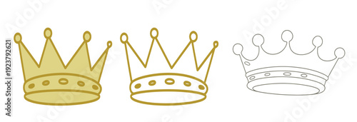 Collection of three golden crowns, two filled and one outline, symbolizing monarchy, leadership, and royal authority, perfect for design elements.