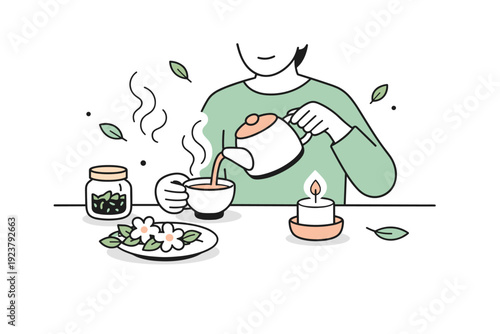 Spring equinox mindful tea ritual. A person pouring herbal tea into a cup with blossoms and steam floating gently, enjoying a pause. The scene reflects