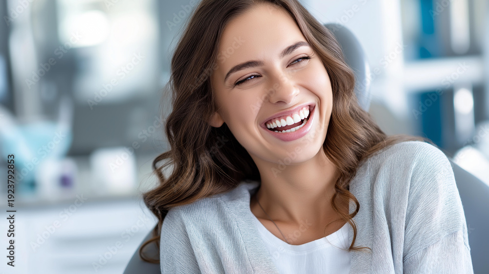 © Nataliya - Happy woman laughing at dentist office, dental checkup joyful experience, positive patient interaction, oral care satisfaction, with copy space © Nataliya - Happy woman laughing at dentist office, dental checkup joyful experience, positive patient interaction, oral care satisfaction, with copy space