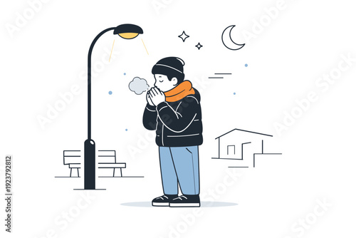 People warming hands in cold. A person exhaling warm breath onto their hands while standing under a streetlight. Night cold softened by small