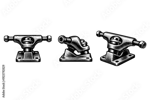 Skateboard truck hardware graphic shown as a single object presented in three views: front view, side view, and three-quarter view. Black and white dot style