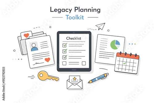 Legacy planning toolkit. Tablet with checklist, digital documents, key icon, and calendar arranged like a flat lay. Calm planning process,