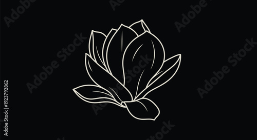 Magnolia Bloom Side View Monoline Outline on Black – Off-White Minimal Smooth Petals Vector Line Art