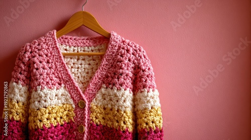 Cozy handmade crochet cardigan in vibrant pink, yellow, and white hues hanging against a soft pink wall