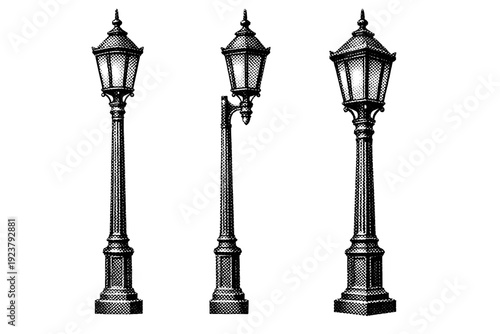 Black and white halftone vector set of street lamp A town street lamp is depicted as one object shown from three different views: front view,