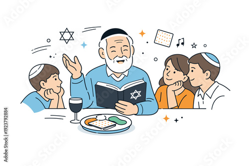 Passover family storytelling moments ? elder sharing tradition. A focused scene with an older family member reading aloud from a book while others listen