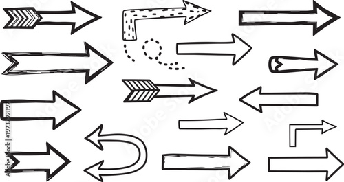 Hand drawn arrow icon set. Includes 20 different arrow styles. Created in sketchy style with black and gray palette.