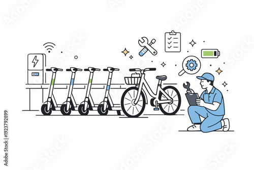 Urban micro-mobility hub. Multiple scooters and bikes lined up at a docking station, a technician performing checks with abstract floating line icons and stars