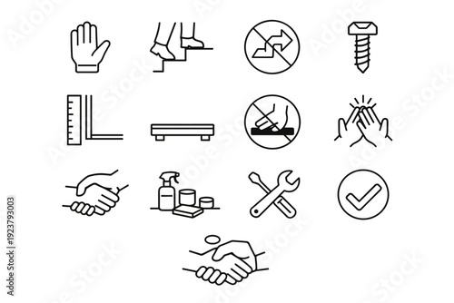 Safe assembly process. Line icon set of Safe assembly process: hand protection, careful steps, no shortcut icon, secure screw, straight edge alignment, sturdy