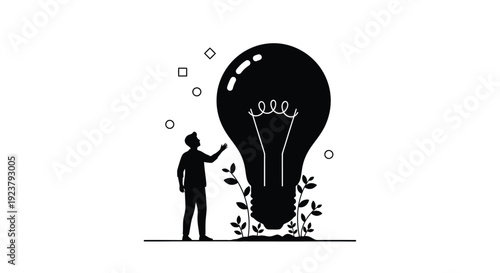A man reaching towards a glowing lightbulb idea black silhouette