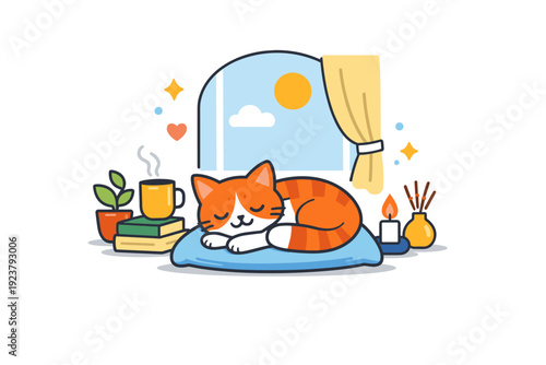 Cat at home cozy domestic scene with a relaxed cat resting near a window and soft interior details, expressing comfort, warmth, and peaceful everyday life.