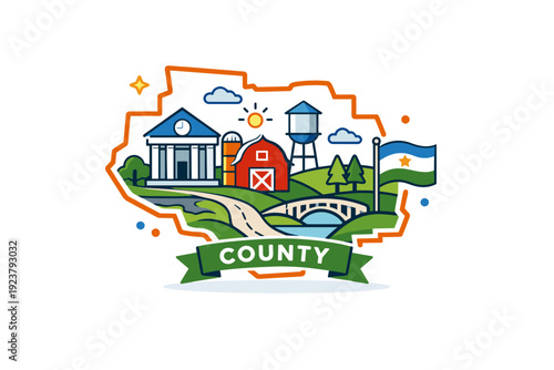 County depicted as a calm civic landscape with a boundary line, flag, and local landmarks, suggesting jurisdiction, belonging, and community