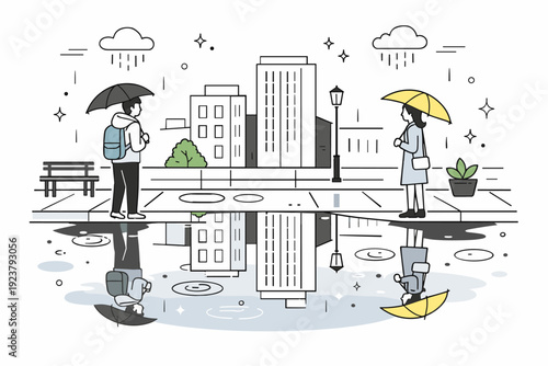 Rainy Urban Reflections. Rain showers and puddles. Urban sidewalk with reflections of buildings mirrored in shallow water. Peaceful city-after-rain atmosphere