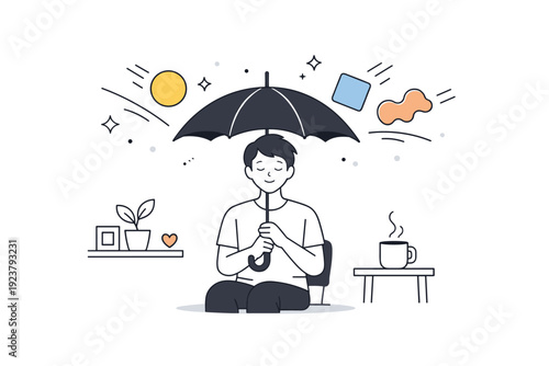 Self-protection lifestyle metaphors. Person calmly holding an umbrella indoors while abstract shapes bounce away from it. Visual metaphor for emotional
