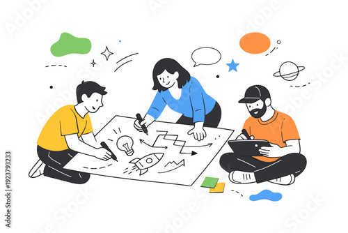 Collaborative sketching. Team members drawing on large sheets of paper with markers and tablets, abstract floating shapes and stars highlighting creativity,