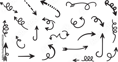 Hand drawn arrow icon set. Includes 25 hand-drawn arrows, curly arrows, and swirly arrows. Created in doodle style with black lines.