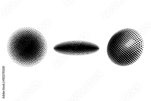 Pop art halftone dot burst A circular halftone dot burst object with expanding dot spacing presented in front view, side view, and three-quarter view as