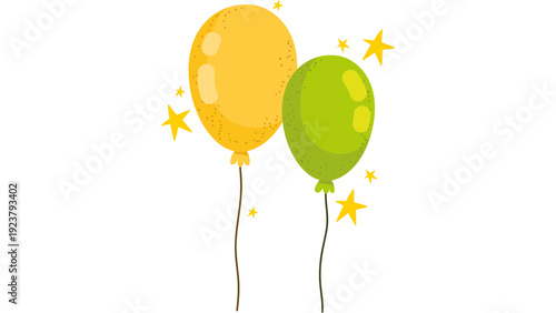 Two balloons floating amidst stars on strings against a plain backdrop viewed from a straightforward angle