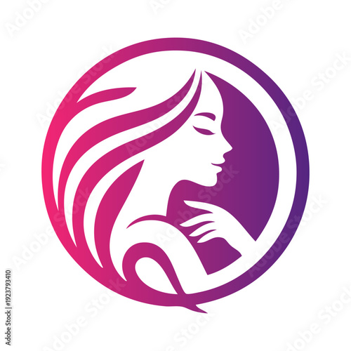Logotipo de salón de belleza. Dibujo con silueta de cara de mujer de perfil con peinado con ondas en interior de un círculo 