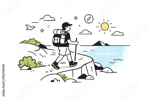 Nature hike by the sea. A hiker moving steadily along a cliff path, ocean horizon visible in the distance. The feeling is quiet, focused, and