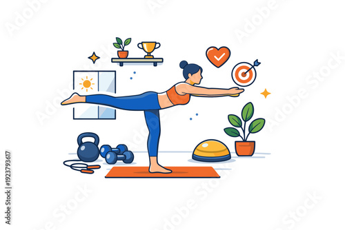 Fitness and home workout routines illustrated through a compact scene of strength and balance exercises, expressing self-discipline, body