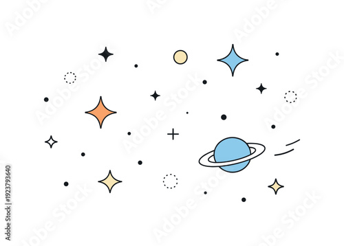 Whimsical space illustration with planets, stars, and cosmic elements on a white background