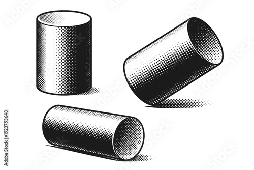 Geometric pictogram ? cylinder. A single geometric cylinder displayed in three views including upright, horizontal, and angled positions