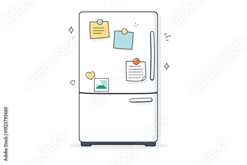 Modern fridge design. Closed refrigerator door with subtle handle and small magnets or notes attached. Minimal kitchen aesthetic, everyday
