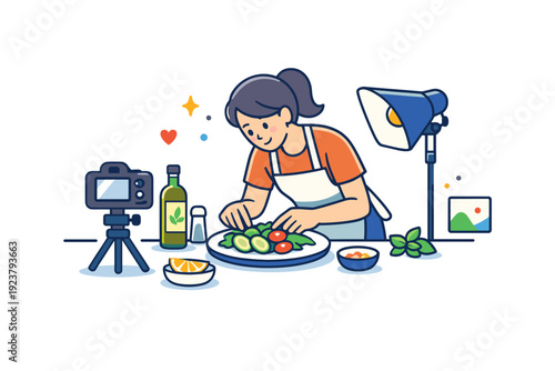 Creative process of styling food for advertising a friendly and modern scene where a stylist adjusts ingredients under soft light,