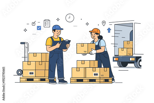 Warehouse loading process. Two warehouse workers unloading stacked boxes onto pallets, checking items as they work together. Calm, organized