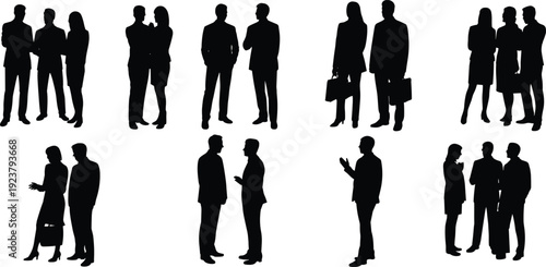 Business people silhouettes collection, corporate team discussion figures, professional meeting poses, office communication concept, teamwork illustration, isolated black vector set