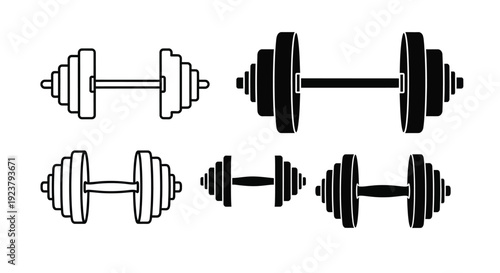 Four barbell depictions in varying perspectives a stark silhouette