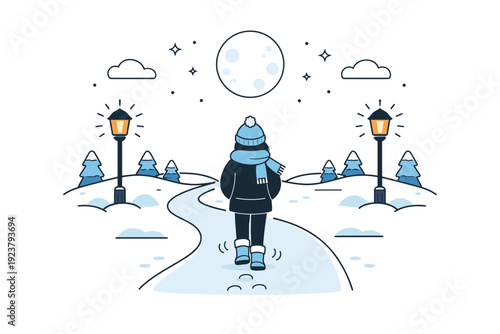 Winter night walking overview. Symmetrical composition combining moon, path, warm clothing, and light elements. Balanced editorial scene