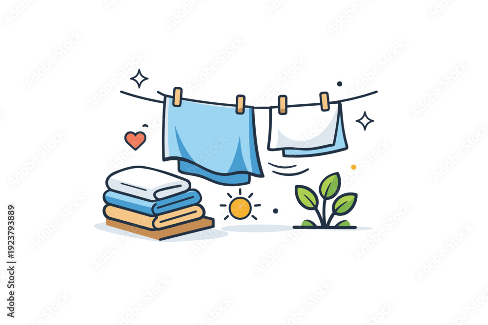 Fototapeta premium Air drying bed linens peaceful home moment where neatly folded sheets sway lightly in open air, symbolizing eco friendly living, softness and