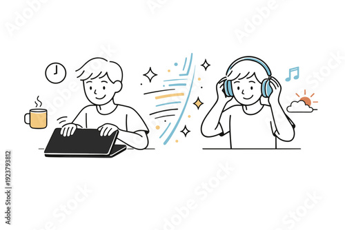 Digital Transition Ceremony. Digital ?clock-out? ritual. A person closing a laptop and putting on headphones for personal time, abstract stars and motion lines