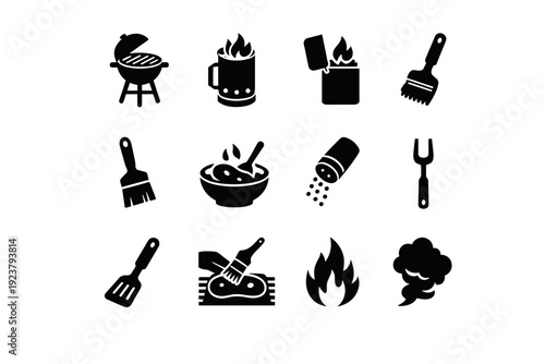 Barbecue Cooking. Solid icon set of Barbecue Cooking: outdoor grill, charcoal chimney, fire starter, grill brush, sauce brush, marinade bowl,