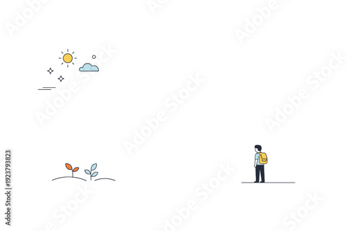 People off-center compositions. Small human figure placed far from the visual center, surrounded by open space. Isolation, calm minimalism,