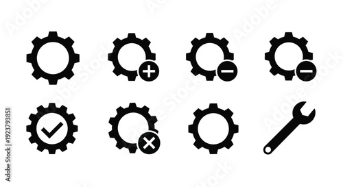 Black gear icons with plus minus check and wrench silhouette