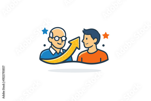 Inspiring Mentorship Badge. Mentorship and guidance between inspiring individuals symbolizing experience sharing and positive influence. A compact badge style