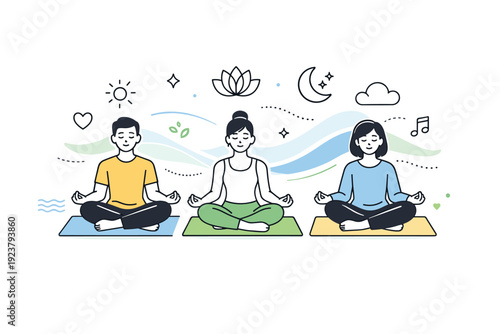 Serene Meditation Scene. Meditation and mindfulness. People sitting cross-legged on mats meditating, subtle abstract wave and calm icons floating, serene and
