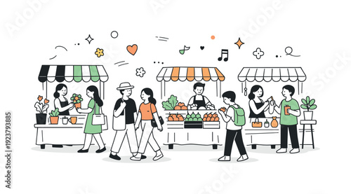 Diverse people shopping at outdoor market stalls with fresh produce and flowers
