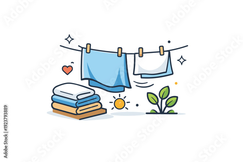 Air drying bed linens peaceful home moment where neatly folded sheets sway lightly in open air, symbolizing eco friendly living, softness and